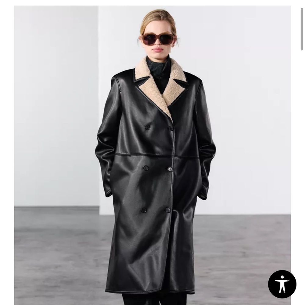 Black Leather Coat with Cream Collar Zara SZ XS